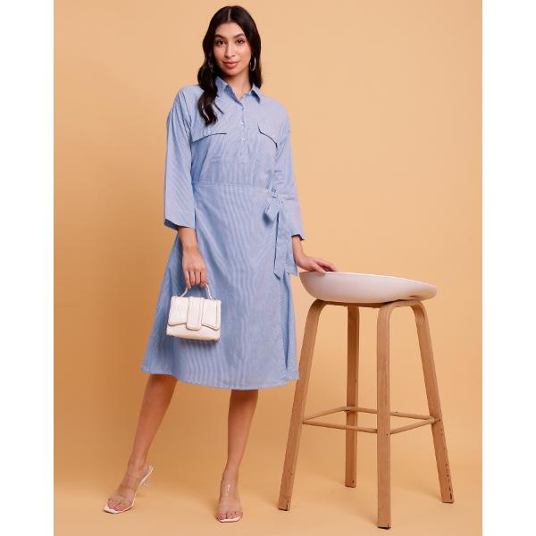 Blue Stripe Wrap midi Dress with two front Pockets